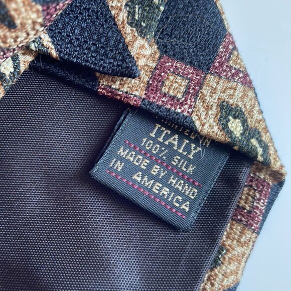 Vtg 70s black, tan, dark green, cream & maroon silk tie - Picture 5 of 5